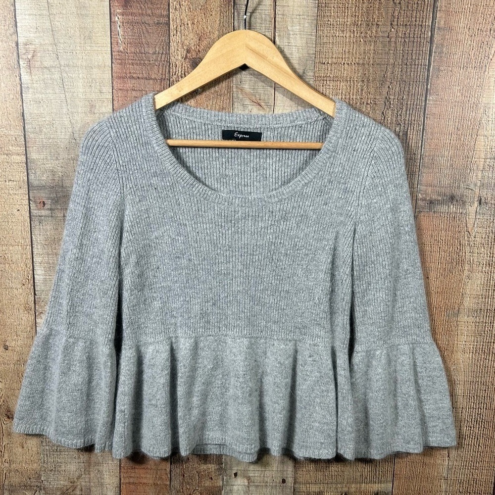 Express Gray Ribbed  Peplum Sweater Bell Sleeve Angora Wool Blend Small Coquette